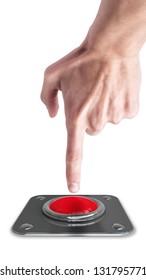 hand press on big Red button isolated on white background