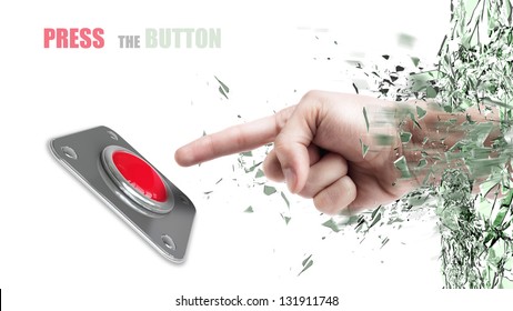 Hand press on big Red button out of cracked glass isolated on white background