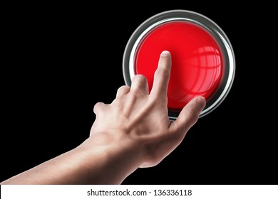 hand press on big Red button isolated on black background
