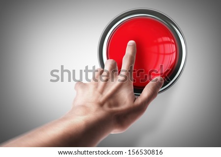 hand press on big Red button High resolution. 3D image 