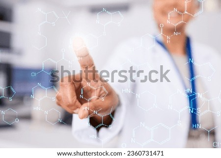 Hand, press screen and chemistry formula, overlay and person in laboratory with science and innovation. Chemical equation, medical research investigation and scientist study, hologram and futuristic