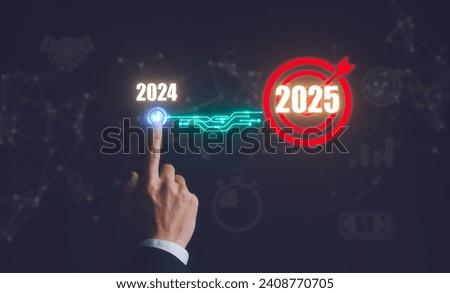 hand press start button to corporate future growth 2024 to 2025. Planning, opportunity, challenge and business strategy Plans and Visions for Year 2025