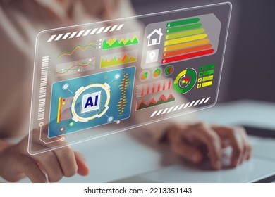 Hand pressing the AI symbol in the energy efficiency dashboard. Concept of using artificial intelligence to control energy efficiency ( EER ). - Shutterstock ID 2213351143