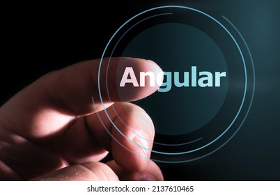 Hand pressing Angular button on virtual screen. Angular web framework.