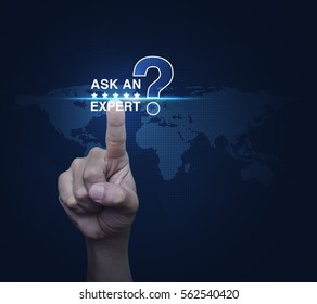 Hand pressing ask an expert with star and question mark sign icon over digital world map, Elements of this image furnished by NASA