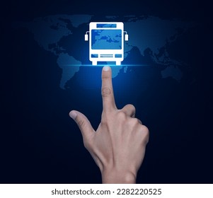 Hand pressing bus flat icon over digital world map technology style, Business transportation service concept, Elements of this image furnished by NASA