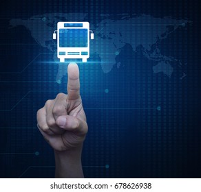 Hand pressing bus flat icon over digital world map technology style, Business transportation service conceptElements of this image furnished by NASA