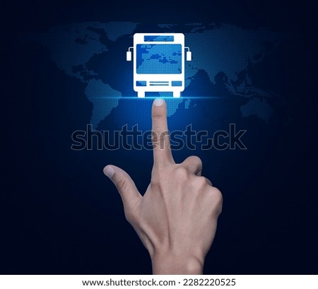 Hand pressing bus flat icon over digital world map technology style, Business transportation service concept, Elements of this image furnished by NASA