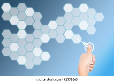 Hand pressing a button background and its activate various cells, can be use for business, technology purposes