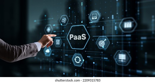 Hand pressing button on interface PaaS, Platform as a Service. Internet and networking concept - Shutterstock ID 2209315783