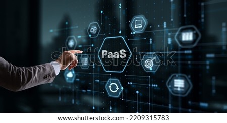 Hand pressing button on interface PaaS, Platform as a Service. Internet and networking concept