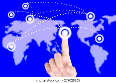 Hand pressing circle button with communication technology background