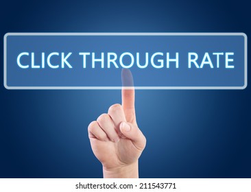 Hand pressing Click Through Rate button on interface with blue background.