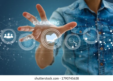 hand pressing learning word button. business concept. e learning