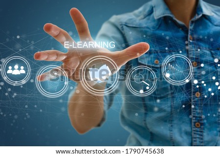 hand pressing learning word button. business concept. e learning