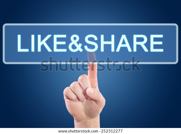 Hand pressing Like and share button on\
interface with blue\
background.