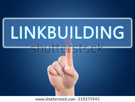 Hand pressing Linkbuilding button on interface with blue background.