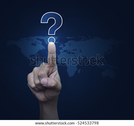 Hand pressing question mark sign icon over digital world map blue background, Customer support concept, Elements of this image furnished by NASA