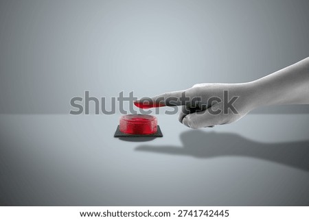  A hand pressing a red button on a gray surface. Flat design art with copy space.