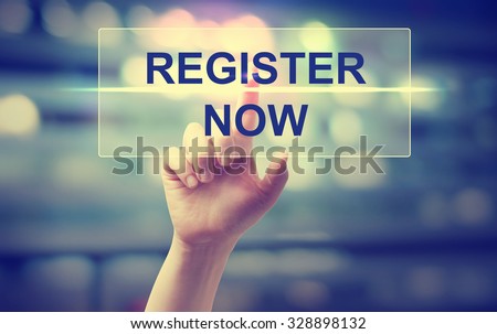 Hand pressing Register Now on blurred cityscape background 
