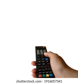 Hand pressing a tv remote isolated on white background