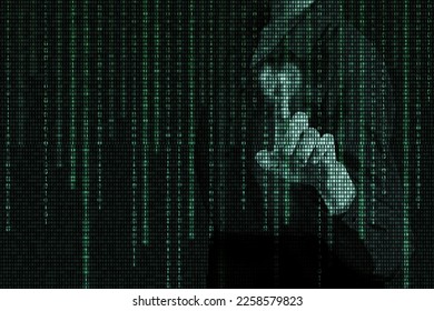 A hand pressing a virtual button with a matrix binary digital code, a hologram on a dark background. The concept of artificial intelligence. The start of a new era.
