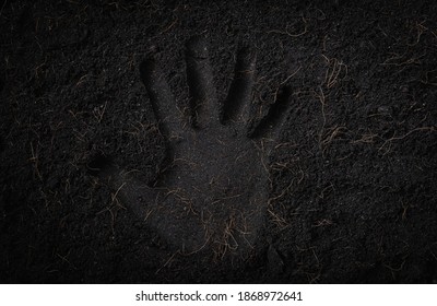 Hand Print In Black Land For Plant Background, Top View Of Handprint On Fresh Soil With Mulch For Gardening Texture, World Soil Day Concept