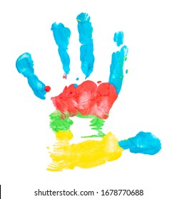 Hand Print In Bright Colors By Child's Hand Isolated On White Background