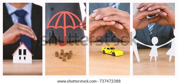 hand protecting a family in paper\
against businessman protecting house model with\
hands