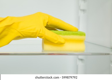 Hand In Protective Glove With Sponge Cleaning Inside Of Fridge In The Kitchen. Early Spring Cleaning Or Regular Clean Up.