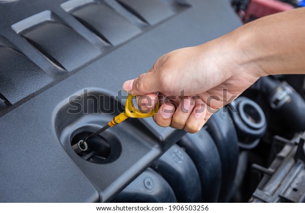 Hand pull\
the check engine oil to see the oil\
level.
