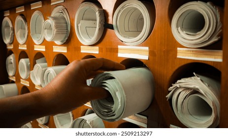A hand pull an old paper map rolled document file archive blueprint storage hardcopy conventional