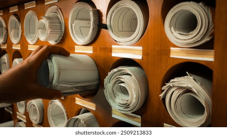 A hand pull an old paper map rolled document file archive blueprint storage hardcopy conventional
