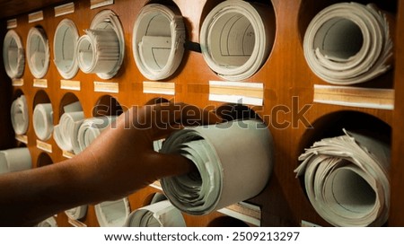 A hand pull an old paper map rolled document file archive blueprint storage hardcopy conventional