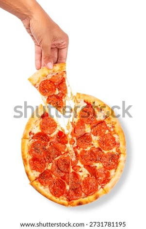 Hand pulling pepperoni pizza slice with long cheese stretch isolated on white background for food delivery menus advertising and promo use