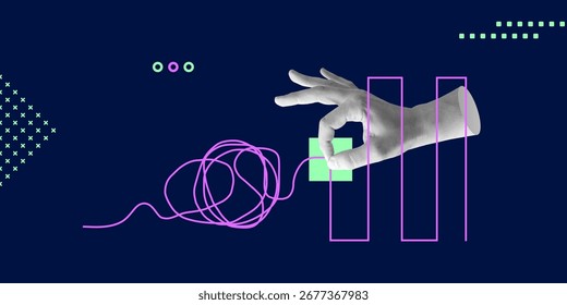 Hand pulling tangled line into order. Visual metaphor for clarity, innovation, and data simplification. Tangled line transforming into structured bars. Minimalist art collage