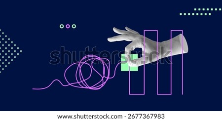 Hand pulling tangled line into order. Visual metaphor for clarity, innovation, and data simplification. Tangled line transforming into structured bars. Minimalist art collage