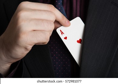 Hand Pulls The Card Ace Of Hearts Close Up