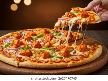 Hand pulls a slice of cheesy pizza with chicken, onion, and pepper toppings creating a dramatic cheese pull, captured in close-up food photography against a bokeh background.
