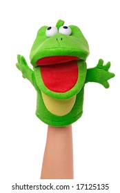 Hand Puppet Of Frog Isolated On White, Happy Emotion.