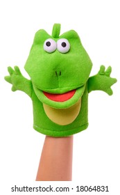 Hand Puppet Of Frog Isolated On White, Happy Emotion.