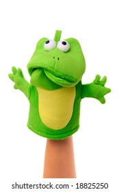 Hand Puppet Of Frog Isolated On White, Sad Emotion.