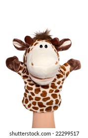 Hand Puppet Of Giraffe Isolated On White, Happy Emotion.