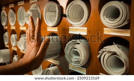 A hand push an old paper map rolled document file archive blueprint storage hardcopy conventional