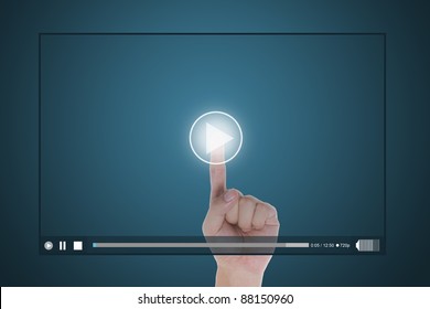 Hand Push Start Button On Touch Screen To Run Video Clip