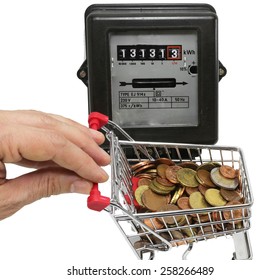 hand pushes a cart of European money to pay the electricity bills