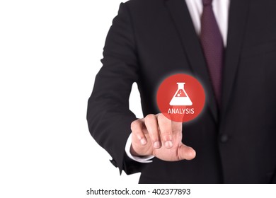 Hand pushing ANALYSIS button on interface touch screen