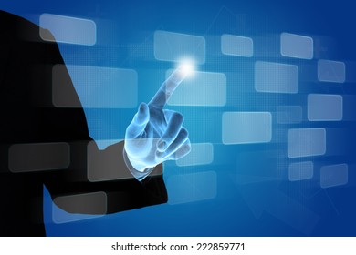 hand pushing button on touch screen interface, business concept