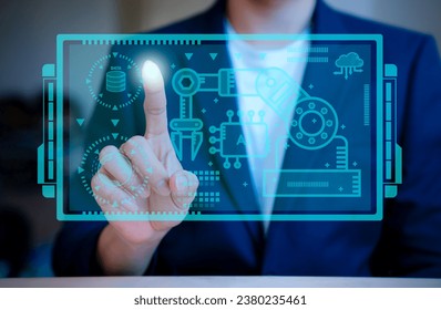 hand pushing a button on a touch screen to design engineer project for his businesses 
