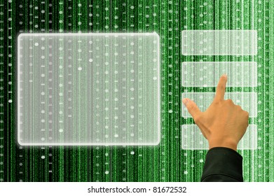 hand pushing a button on a touch screen interface with digital matrix background
